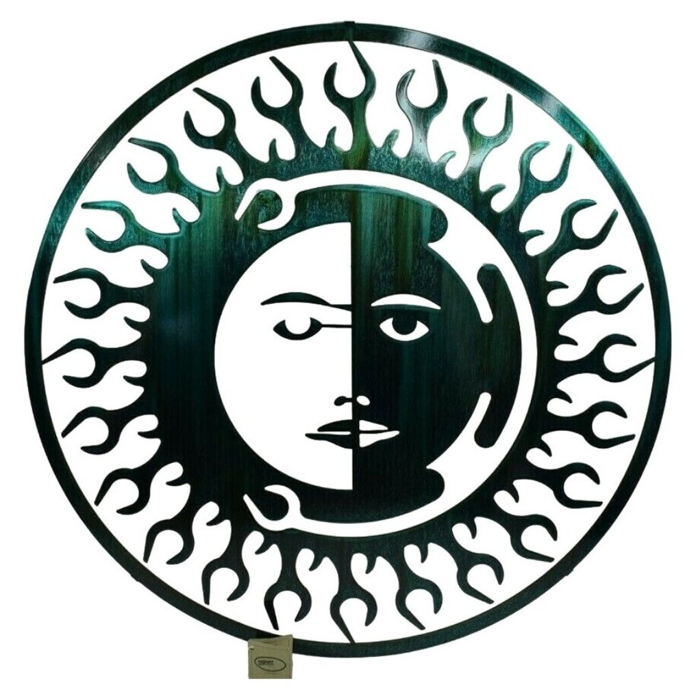 Lazart Teal Primitive Sun Moon Face 24 inch Metal Laser Cut Hanging Wall Art